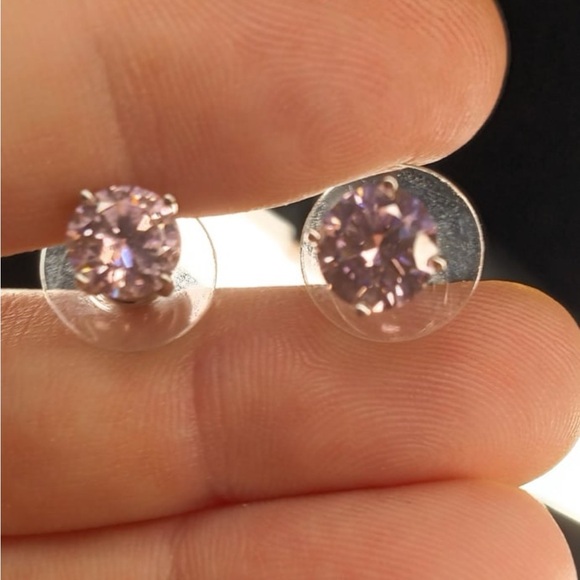 Pink Moissanite Stud Earrings, White Moissanite Accent Earrings, Vermeil Rose Go - Picture 3 of 9